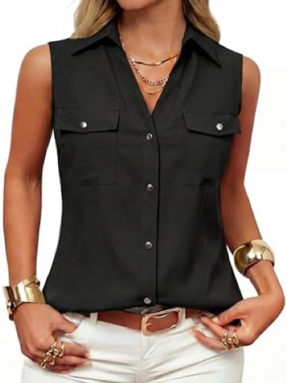 Zac & Rachel Black Sleeveless Button-Front Utility Blouse
